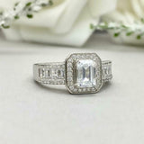 2.5ct Engagement Ring Emerald Cut Diamond Cluster Halo Accent 14k WhiteGold Over