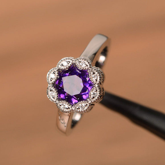 1ct Round Purple Amethyst Floral Solitaire Engagement Ring 18k White Gold Finish