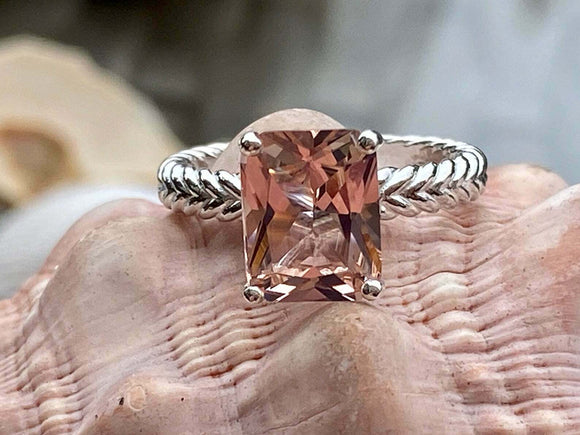 2.6ct Radiant Cut Peach Morganite Braided Solitaire Ring 14k White Gold Finish