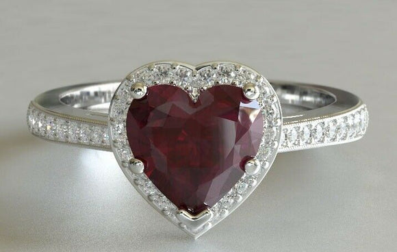 2ct Heart Cut Pink Ruby Engagement Ring Diamond Halo 14k White Gold Finish