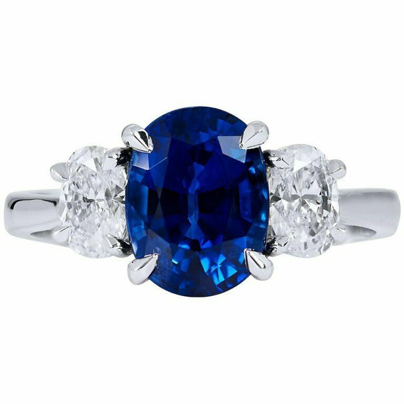 3ct Cushion Cut Blue Sapphire Diamond Trilogy Engagement Ring 14k WhiteGold Over