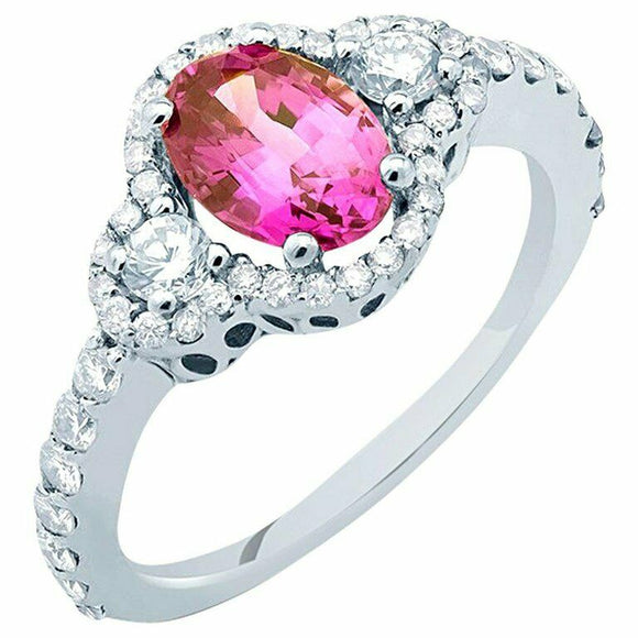 2ct Oval Cut Pink Ruby Engagement Ring Trilogy Round Accent 14k WhiteGold Finish