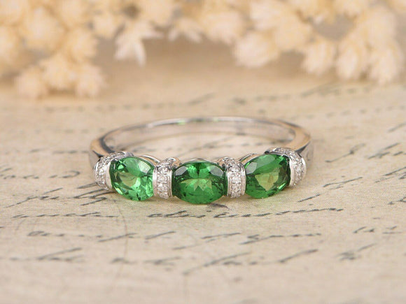 2.4ct Oval Cut Green Emerald Stackable Engagement Ring 14k White Gold Finish