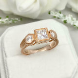 2ct Engagement Ring Princess Cut Diamond Milgrain Trilogy 14k Rose Gold Finish