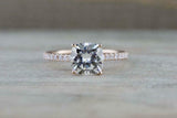 1.6ct Cushion Cut Diamond Solitaire Ring 14k Rose Gold Finish with Round Accents