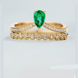 2.1ct Pear Green Emerald Vintage Bridal Set Engagement Ring 14k Yellow Gold Over