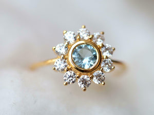 2.1ct Round Cut Blue Aquamarine Floral Minimalist Ring 14k Yellow Gold Finish