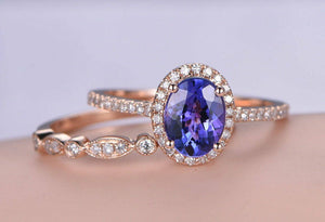 1.6ct Oval Cut Blue Tanzanite Bridal Set Engagement Ring 14k Rose Gold Finish