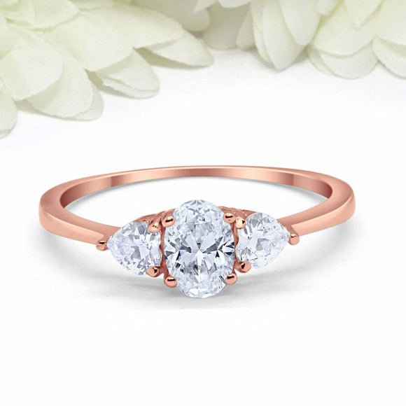 1ct Oval Cut Diamond Engagement Ring Heart Accents Trilogy 14k Rose Gold Finish