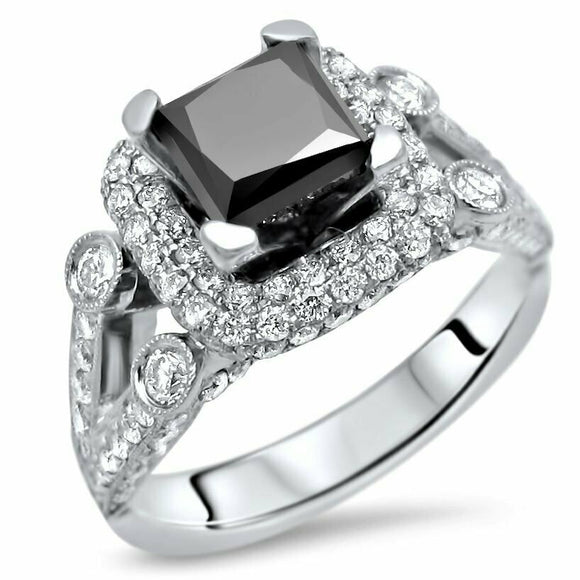 4Ct Princess Cut Black Diamond Exquisite Halo Solitaire Ring 14K White Gold Over