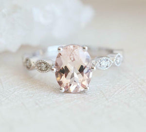 1.5ct Oval Cut Morganite Engagement Ring Diamond Accents 14k White Gold Finish