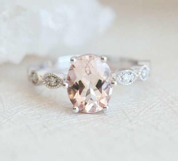 1.5ct Oval Cut Morganite Engagement Ring Diamond Accents 14k White Gold Finish