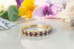 1.2ct Wedding Band Round Cut Red Garnet Half Eternity 14k Yellow Gold Finish