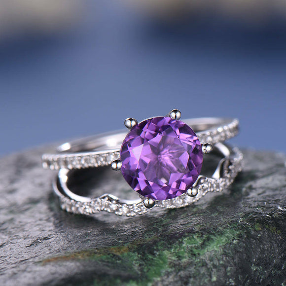 2Ct Round Cut Purple Amethyst Bridal Set Engagement Ring 18K White Gold Finish