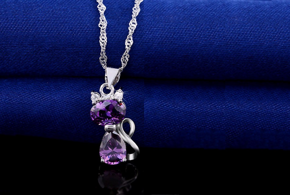 2ct Pear Purple Amethyst Pendant Kitten Cat Design 14k WhiteGold Finish NO CHAIN