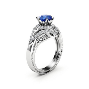 1ct Round Cut Blue Sapphire Engagement Ring 14k White Gold Finish Halo Flower