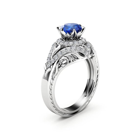 1ct Round Cut Blue Sapphire Engagement Ring 14k White Gold Finish Halo Flower