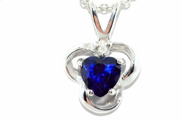 1ct Blue Sapphire Pendant with Chain Heart Cut Valentine 14k White Gold Finish