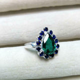 2ct Engagement Ring Pear Cut Green Emerald Blue Sapphire Halo 14k WhiteGold Over