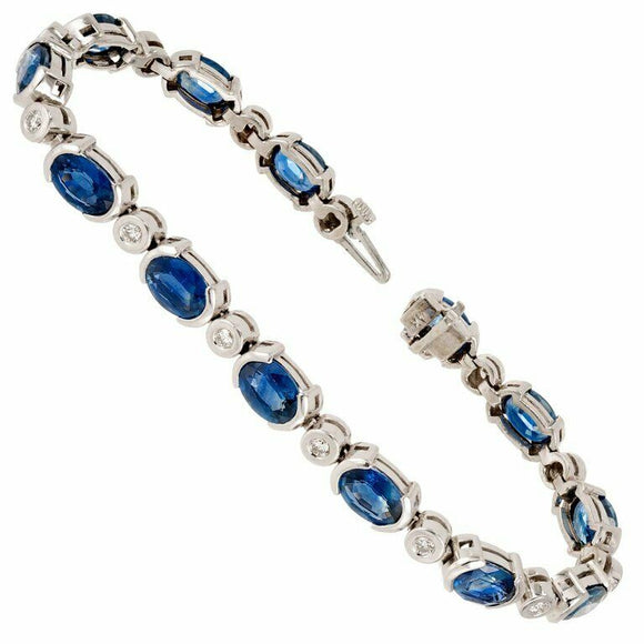 14ct Oval Cut Blue Sapphire Diamond Women Tennis Bracelet 14k White Gold Finish