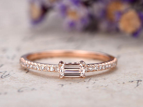 0.4ct Baguette Cut Peach Morganite Engagement Ring Minimalist 14k Rose Gold Over