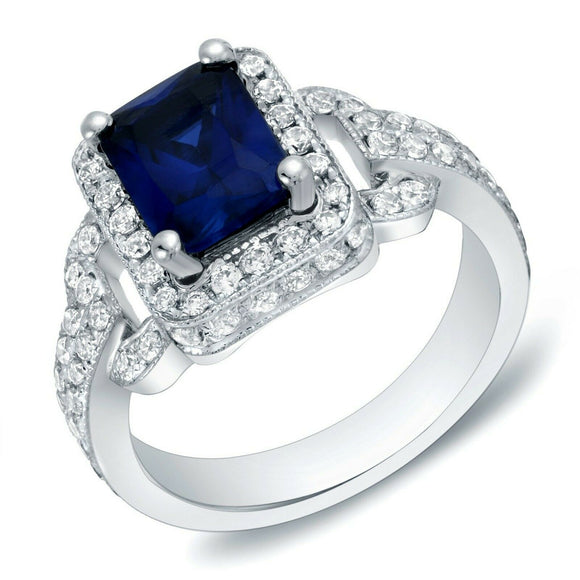 5Ct Emerald Cut Blue Sapphire Milgrain Halo Engagement Ring 14K White Gold Over