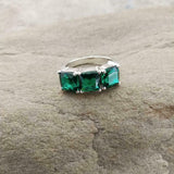 2.6ct Engagement Ring Cushion Cut Green Emerald Three Stone 14k WhiteGold Finish