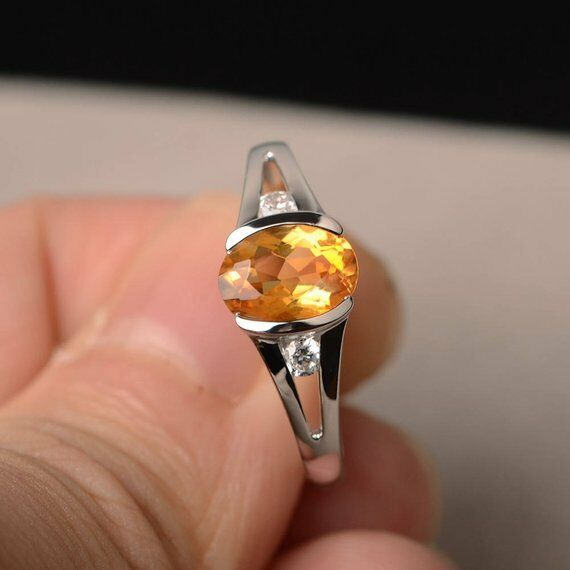 1ct Oval Cut Yellow Citrine Trilogy Wedding Engagement Ring 18k WhiteGold Finish