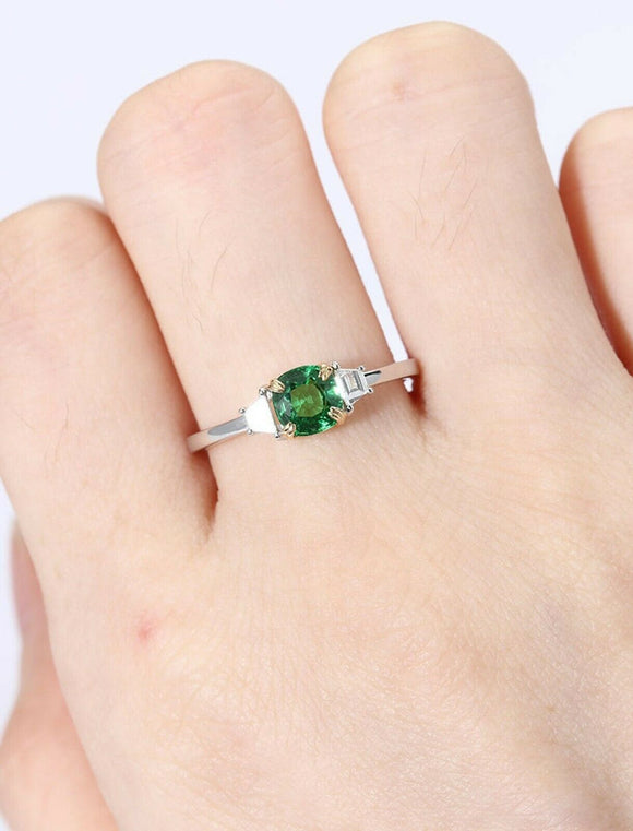 1ct Round Green Emerald Engagement Ring Trilogy Minimalist 14k White Gold Finish