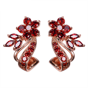 2ct Round Cut Red Garnet Unique Flower Design Drop Earrings 14k Rose Gold Finish