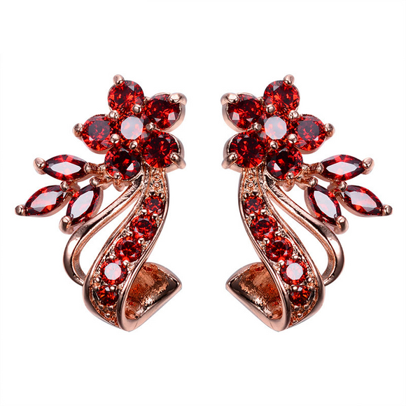 2ct Round Cut Red Garnet Unique Flower Design Drop Earrings 14k Rose Gold Finish