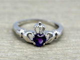 1.1ct Heart Cut Purple Amethyst Claddagh Engagement Ring 14k White Gold Finish