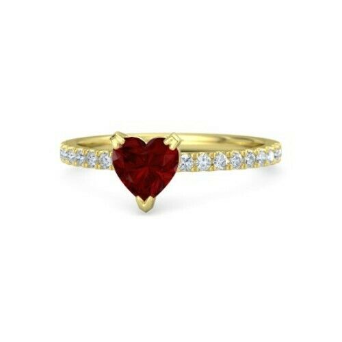 2Ct Heart Cut Red Garnet Diamond Accent Engagement Ring 14K Yellow Gold Finish