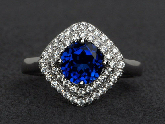 2.5ct Round Cut Blue Sapphire Engagement Ring 14k White Gold Finish Double Halo