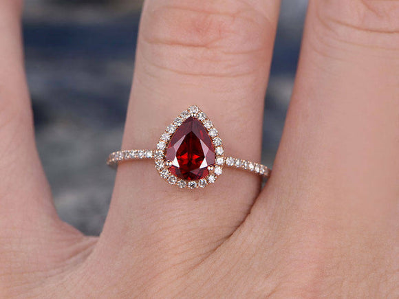 1.3Ct Pear Cut Red Garnet Halo Beau Solitaire Engagement Ring 14K Rose Gold Over