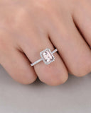 3Ct Emerald Cut Peach Morganite Halo Ring 14K White Gold Over with Round Accents