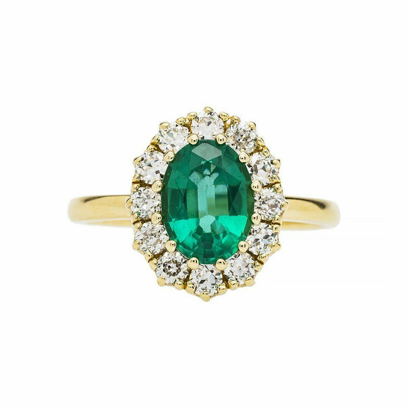 2.3ct Oval Cut Green Emerald Engagement Ring Floral Halo 14k Yellow Gold Finish