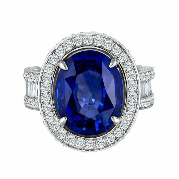 4ct Oval Blue Sapphire Engagement Ring Halo Baguette Accent 14k White Gold Over