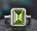 3Ct Emerald Cut Green Peridot Halo Solitaire Engagement Ring 18K White Gold Over