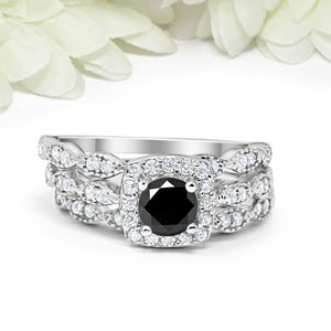 4Ct Round Cut Black White Diamond Trio Set Engagement Ring 14K White Gold Finish