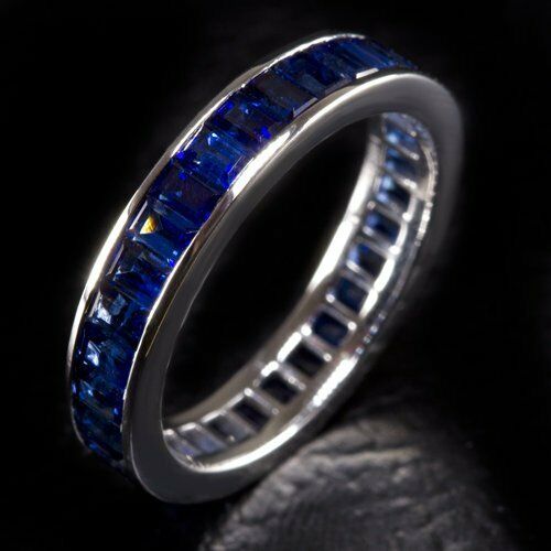 4Ct Emerald Cut Blue Sapphire Full Eternity Wedding Band 18K White Gold Finish