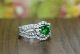 2.5ct Round Cut Green Emerald Diamond Halo Trio Set Ring 14k White Gold Finish