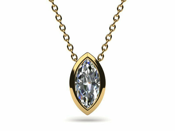 1ct Diamond Pendant Chain Marquise Cut Bezel Set Solitaire 14k YellowGold Finish