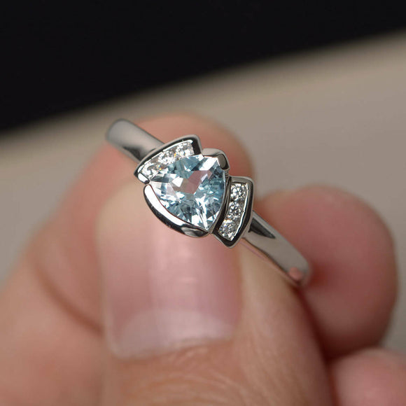 1ct Trillion Blue Aquamarine Unique Design Engagement Ring 14k White Gold Finish