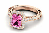 2.5ct Emerald Pink Sapphire Halo Solitaire with Accent Ring 14k Rose Gold Finish