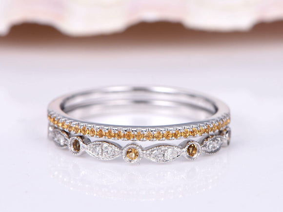 1.9ct Round Cut Yellow Citrine Bridal Set Engagement Ring 14k White Gold Finish