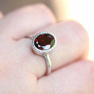 1ct Oval Cut Red Garnet Engagement Ring Bezel Set Solitaire 14k WhiteGold Finish