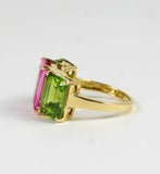 4Ct Emerald Cut Pink Sapphire Peridot Three Stone Ring 14K Yellow Gold Finish