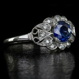 3Ct Round Cut Blue Sapphire Vintage Antique Engagement Ring 14K White Gold Over