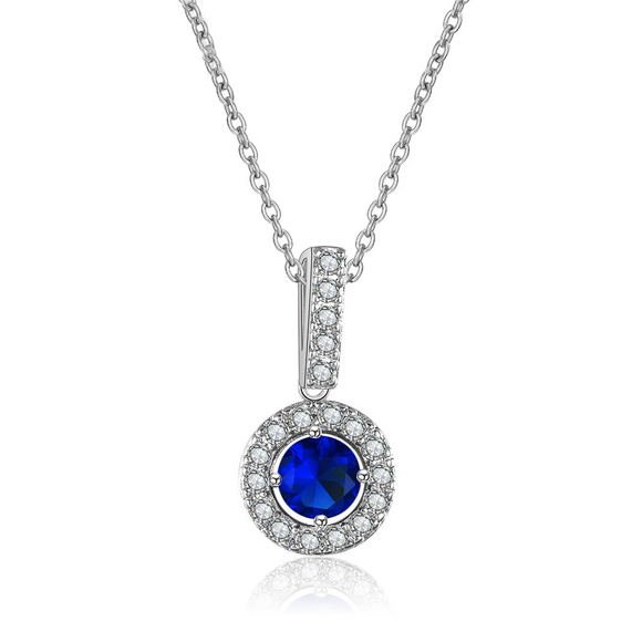 2.3ct Round Cut Blue Sapphire Halo Fancy Pendant with Chain 14k WhiteGold Finish